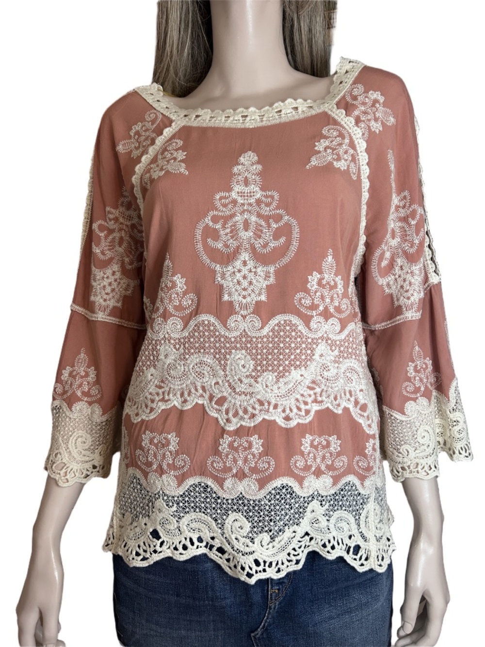 Democracy Boho Rayon Top Blouse Decorative Cotton Crochet Lace ¾ Sleeve Oversize